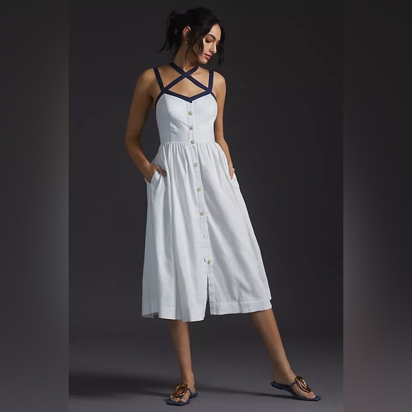Anthropologie Maeve Strappy Button-Front Midi Dress 10 linen nautical white - Picture 1 of 16